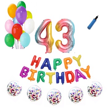 Set baloane Happy Birthday , pentru 43 ani, cifra 1 metru, Multicolor